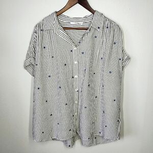 Jane & Delancey Star Embroidered Striped Top Womens Plus 1X Button Down‎ Relaxed